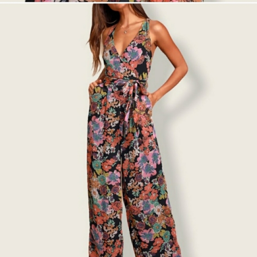 Lulus Sweetest Romance Black Multi Floral Print Wide-Leg Jumpsuit size  XS